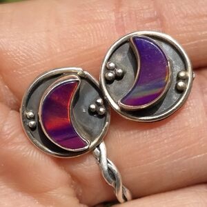 Artisan handmade 925 sterling silver aurora opal crescent moon studs earrings